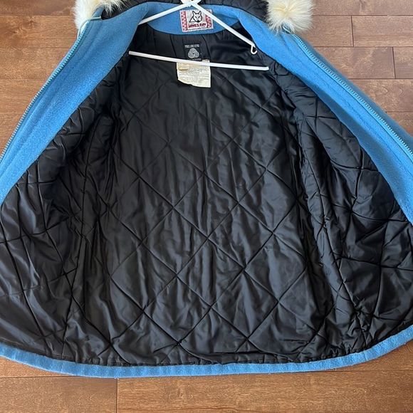 Vintage James Bay Fur Trim Hood Dog Sled Theme Wool Coat Blue Parks - Picture 10 of 14